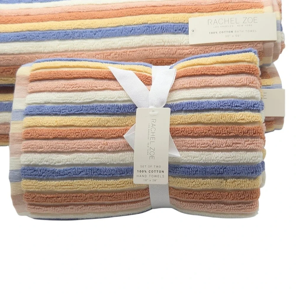 Rachel Zoe 4pc Cotton Bath Hand Towel Set Earthy Neutral Color Stripe Boho Fall